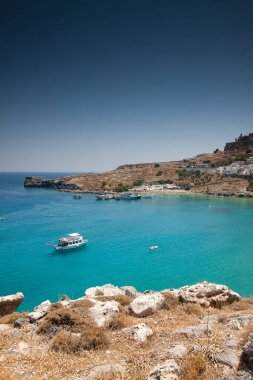 Lindos, Rodos, Yunanistan 'daki turkuaz körfezi