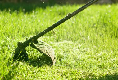 Bahçede çimenleri biçen fıskiyeler. 