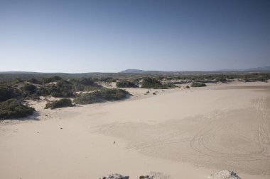 Kumlu sahil, güneşli kum ve kayalar