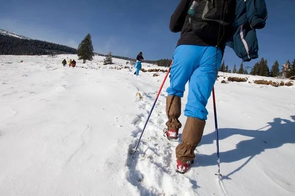 雪の上をバックパック歩く男 — ストック写真