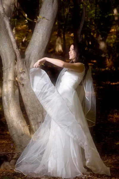 Belle Mariée Robe Blanche Dans Parc — Photo