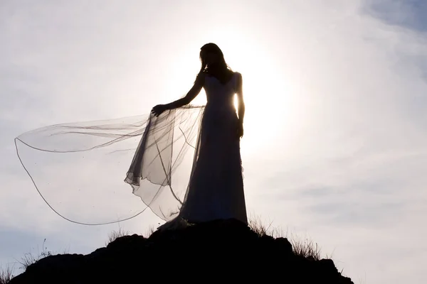 Belle Mariée Dans Une Robe Blanche Dans Les Montagnes — Photo