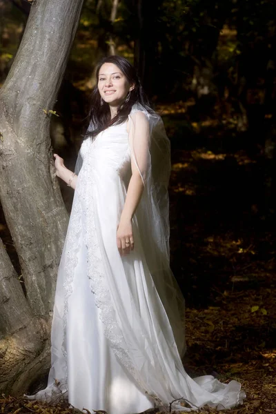 Belle Mariée Robe Blanche Dans Parc — Photo