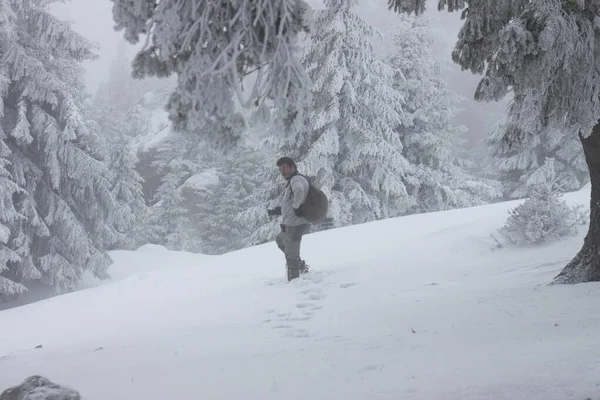 男子与相机行走在冬季森林 — 图库照片