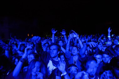 BONTIDA - 19 Haziran 'da Romanya' nın Bontida kentindeki Banffy şatosunda 19 Haziran 2014 'te düzenlenen Electric Castle Festivali' nde düzenlenen canlı konser sırasında bir grup parti insanı