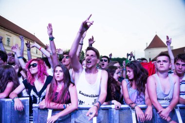 BONTIDA - 19 Haziran 'da Romanya' nın Bontida kentindeki Banffy şatosunda 19 Haziran 2014 'te düzenlenen Electric Castle Festivali' nde düzenlenen canlı konser sırasında bir grup parti insanı