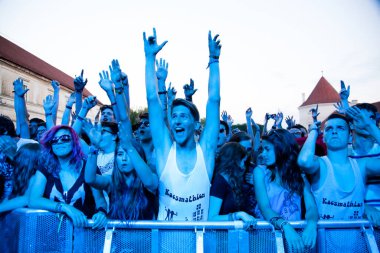 BONTIDA - 19 Haziran 'da Romanya' nın Bontida kentindeki Banffy şatosunda 19 Haziran 2014 'te düzenlenen Electric Castle Festivali' nde düzenlenen canlı konser sırasında bir grup parti insanı