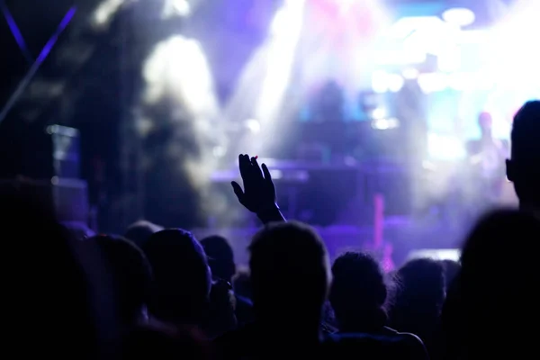 crowd with raised hands at concert - summer music festival