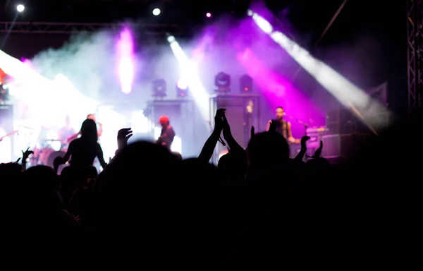 crowd with raised hands at concert - summer music festival