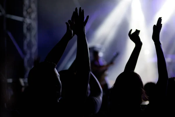 crowd with raised hands at concert - summer music festival