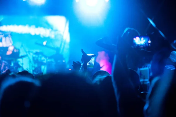 crowd with raised hands at concert - summer music festival