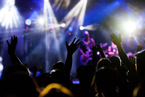 crowd with raised hands at concert - summer music festival