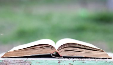 Yeşil bulanık arkaplanı olan kapatma kitabı 