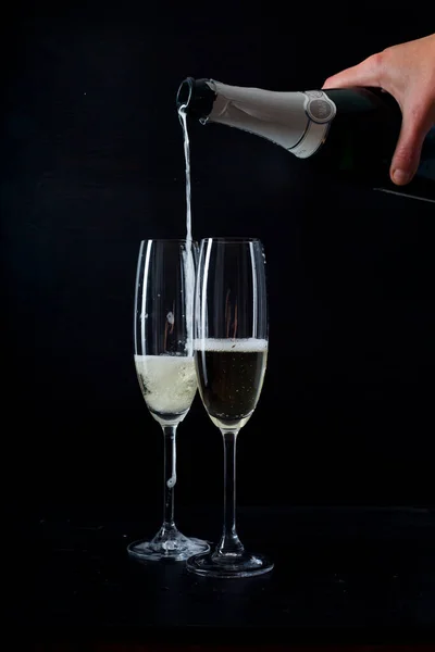 Pouring Champagne Glasses Black Background — Stock Photo, Image