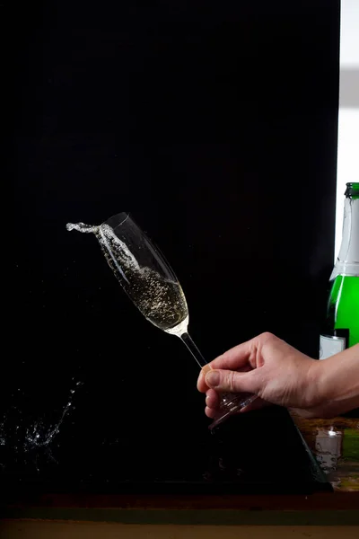 Man Hand Holding Glass Champagne Black Background Studio — Stock Photo, Image