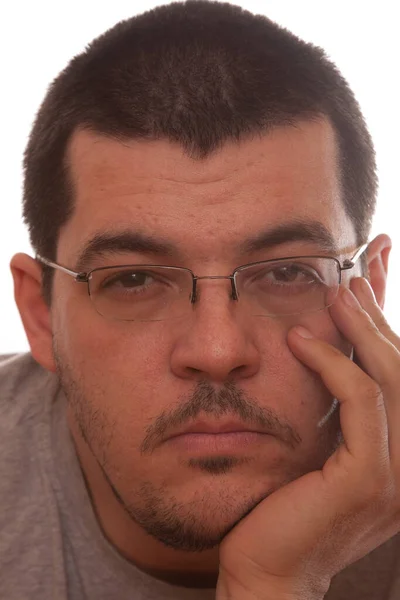 Young Man Glasses White Eyes Looking His Chin Isolated Background — Fotografia de Stock