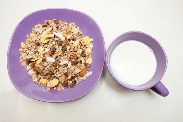 Café Manhã Com Muesli Granola Sobre Fundo Branco — Fotografia de Stock