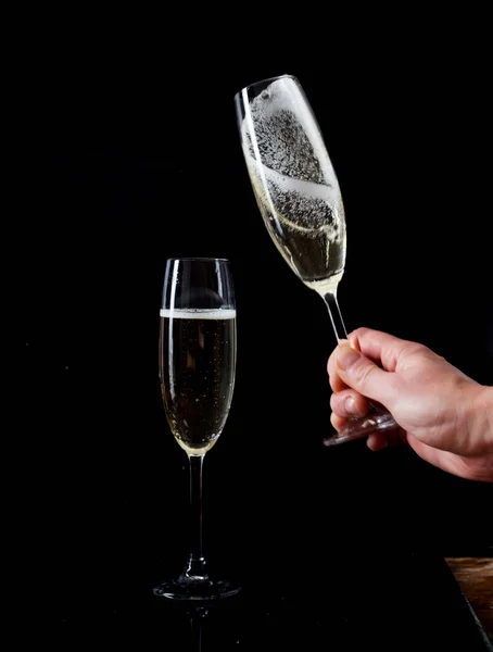 Man Hand Holding Glass Champagne Black Background Studio — Stock Photo, Image
