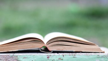 Yeşil bulanık arkaplanı olan kapatma kitabı 