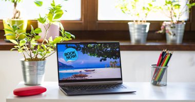 Kadın covid aşısından sonra tatil rezervasyonu yapıyor.