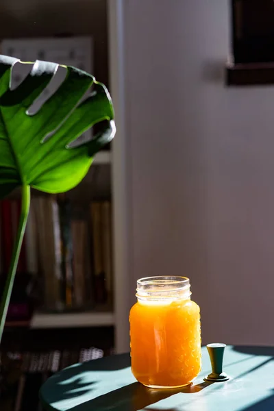 여름에는 오렌지 주스를 스타라 나뭇잎 필로덴 넣는다 — 스톡 사진