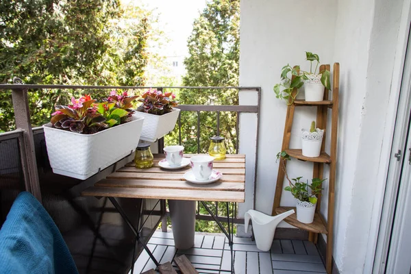 Yazın çiçekli ve kahve masalı küçük bir apartman terası.