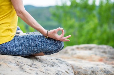 Lotus 'ta meditasyon yapan kadın yazın bir kayanın üzerinde poz veriyor.