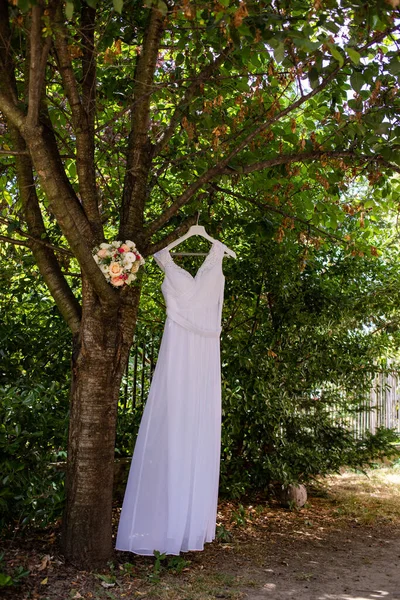 Abito Sposa Appeso Sull Albero — Foto Stock