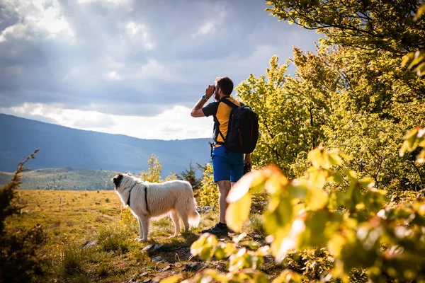 双眼鏡を使って自然の中でハンサムな男と白い犬のトレッキング遅い旅行 — ストック写真