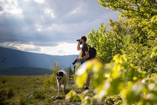 Przystojny Mężczyzna Biały Pies Trekking Przyrodzie Pomocą Lornetki Powolne Podróże — Zdjęcie stockowe