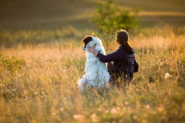Sonbahar manzarasında köpekli bir kadın oynuyor