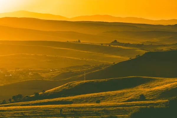 Herfst Landschap Met Heuvels Zonsondergang Licht — Stockfoto