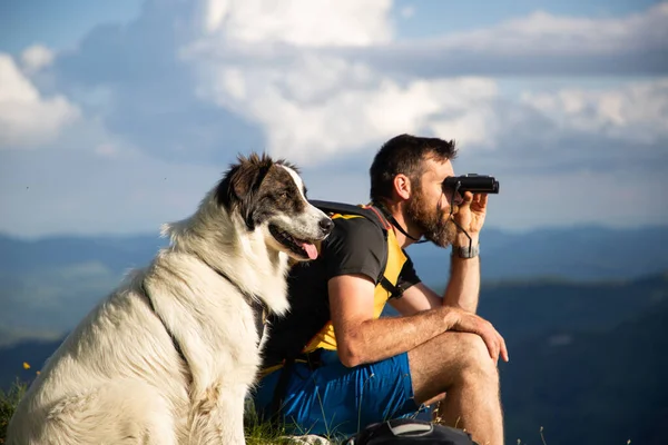 Yakışıklı adam ve beyaz köpek, dürbünle doğada ağır ağır ilerliyorlar.