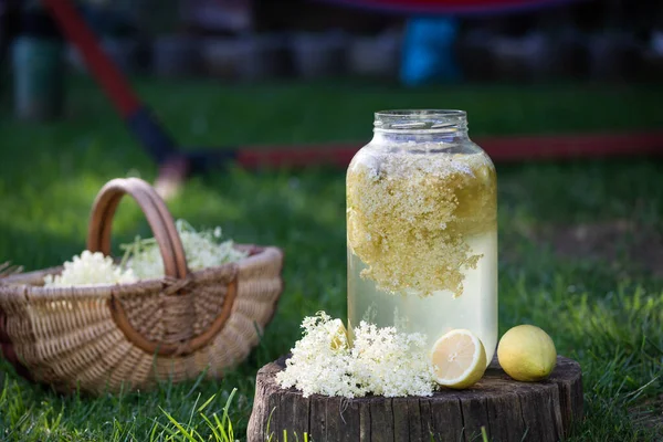 Domácí Bramborové Bezový Květ Sirup Citronem Skle — Stock fotografie