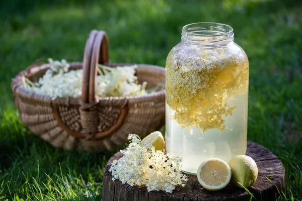 Jarabe Flor Saúco Casero Con Limón Vaso —  Fotos de Stock