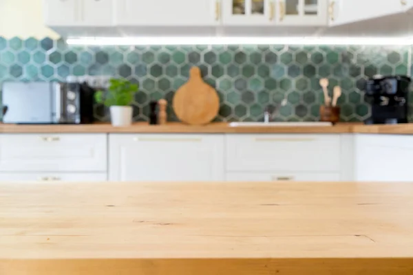 Cucina Sfocata Interno Scrivania Legno Spazio Casa Sfondo — Foto Stock