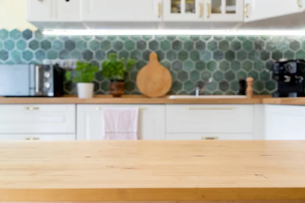 Cucina Sfocata Interno Scrivania Legno Spazio Casa Sfondo — Foto Stock