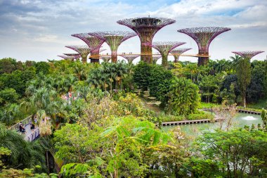 SINGAPORE, SINGAPORE - Mart 2019: Marina Bay Sands Oteli yakınlarındaki Singapur Körfezi yakınlarındaki Gardens 'taki Supertree Grove
