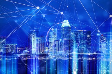 bağlantı hatları ve arka plandaki gökdelenler küresel ağ konsepti