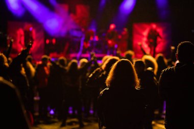 Konserdeki kalabalık ve sahne ışıklarındaki siluetler