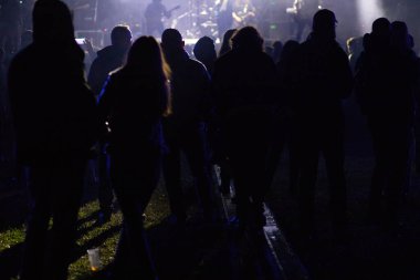 Konserdeki kalabalık ve sahne ışıklarındaki siluetler