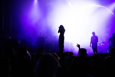 Konserdeki kalabalık ve sahne ışıklarındaki siluetler