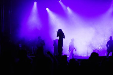 Konserdeki kalabalık ve sahne ışıklarındaki siluetler