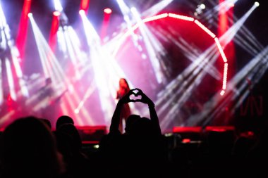 Konserdeki kalabalık ve sahne ışıklarındaki siluetler