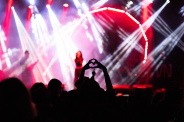 Konserdeki kalabalık ve sahne ışıklarındaki siluetler