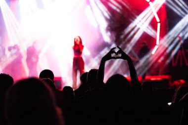 Konserdeki kalabalık ve sahne ışıklarındaki siluetler