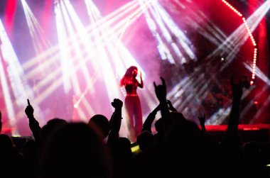 Konserdeki kalabalık ve sahne ışıklarındaki siluetler