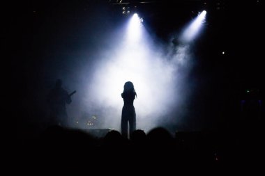 Konserdeki kalabalık ve sahne ışıklarındaki siluetler