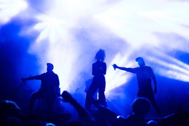 Konserdeki kalabalık ve sahne ışıklarındaki siluetler