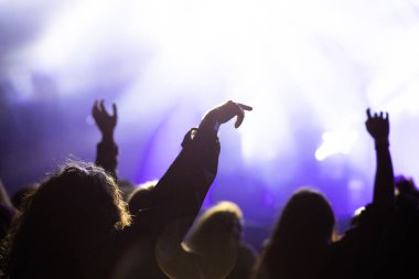 Konserdeki kalabalık ve sahne ışıklarındaki siluetler